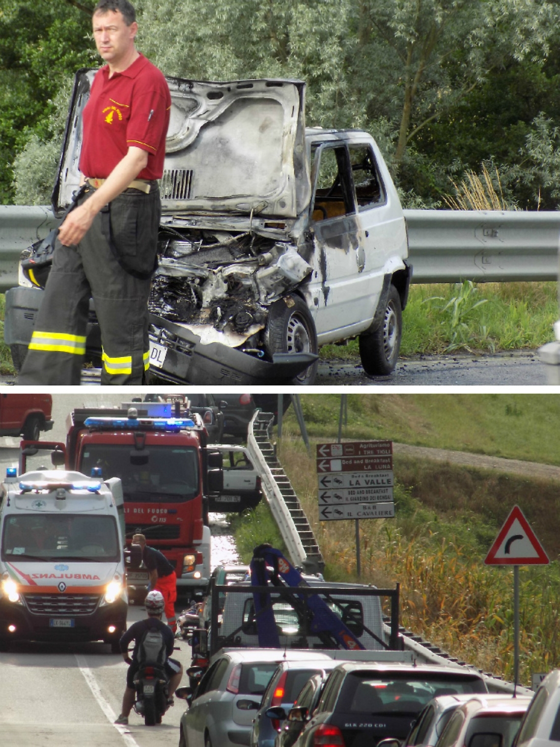 Una Panda tampona e prende fuoco<br/>Lunghe code all'altezza di Valleandona