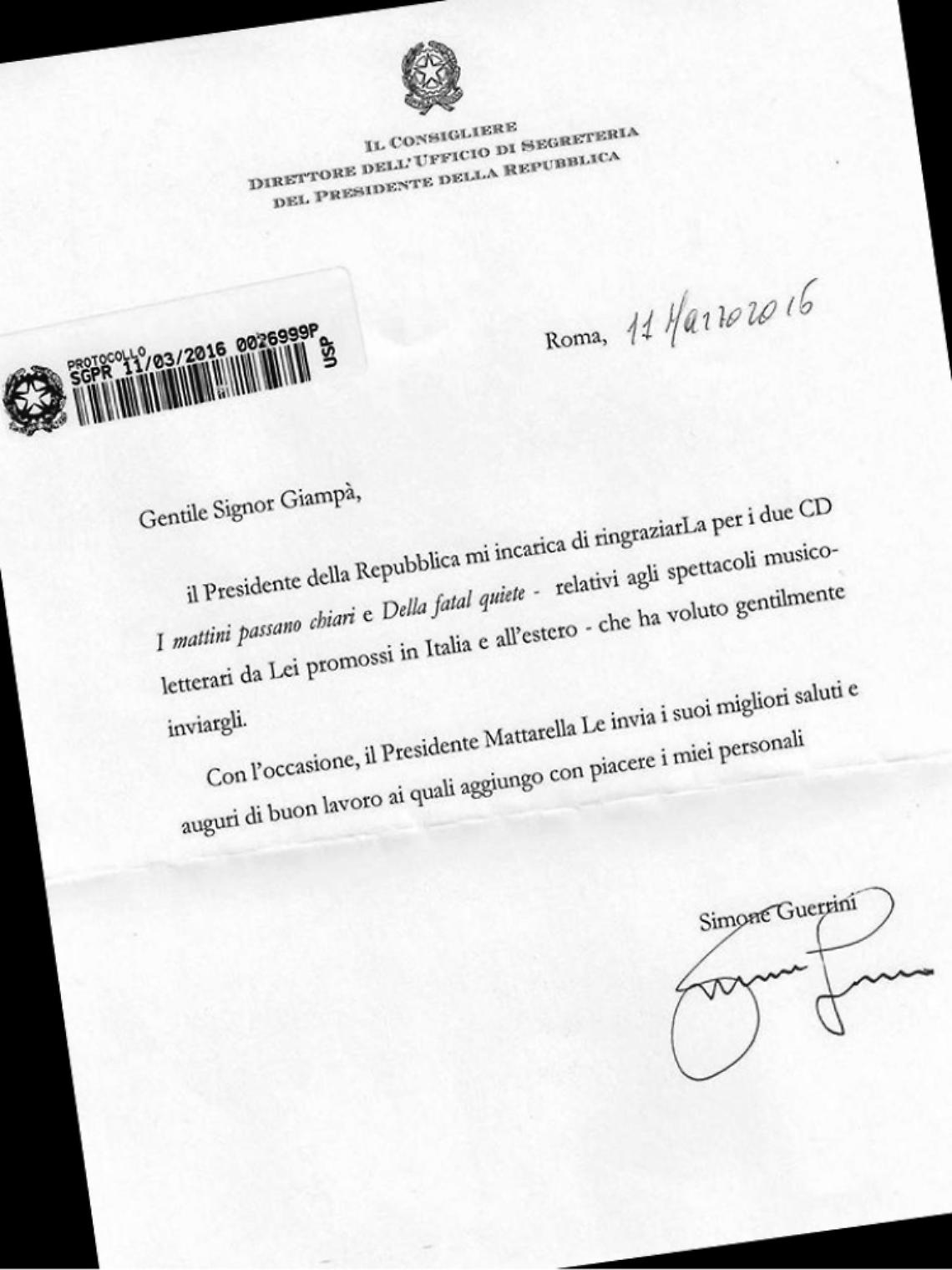 Un "grazie" speciale nella lettera<br/>del Pres. Mattarella a Beppe Giamp&agrave;