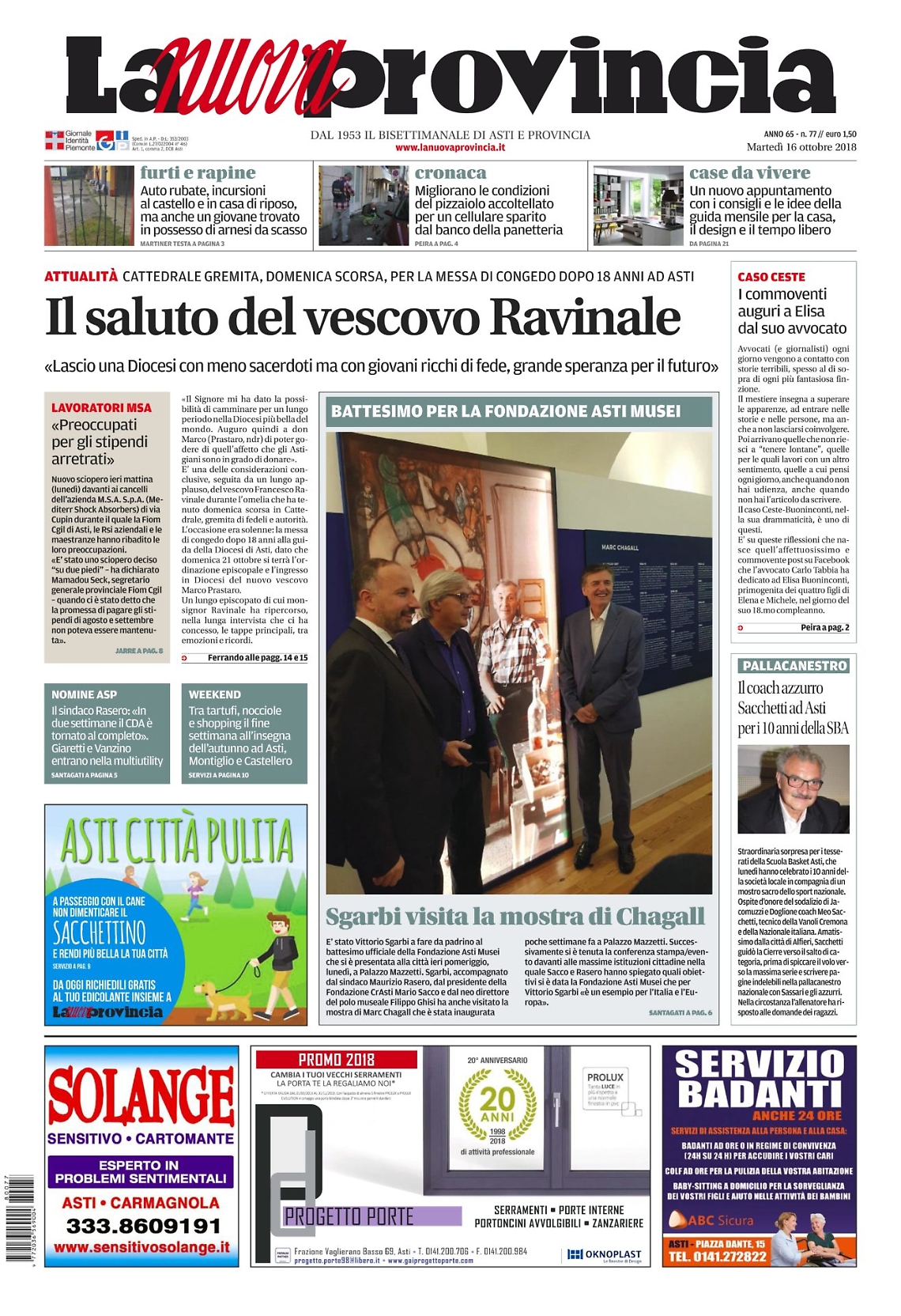 prima pagina 16 ottobre 2018