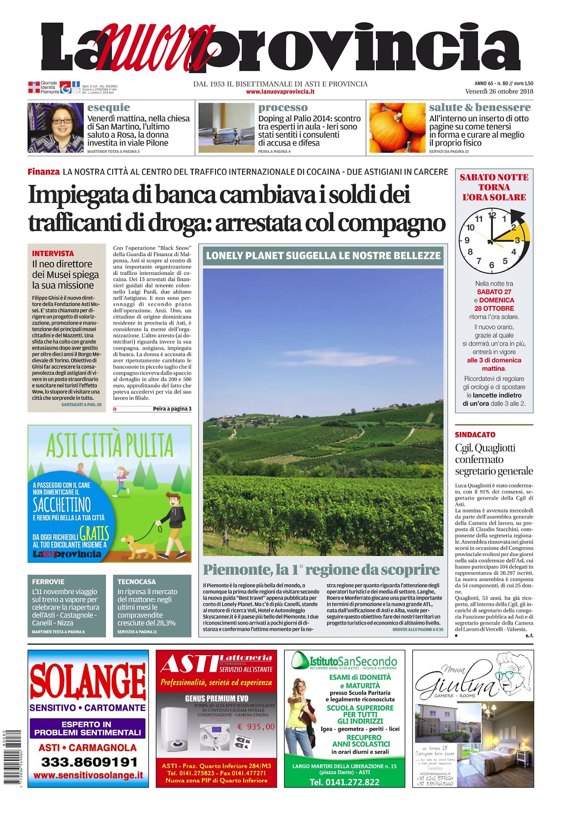 prima pagina 26 ottobre 2018