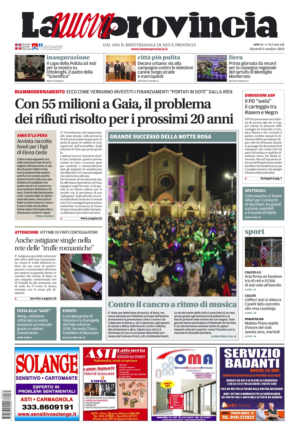 prima pagina 9 ottobre 2018