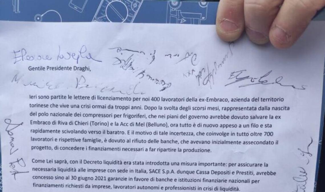 Lettera lavoratori ex Embraco a Mario Draghi