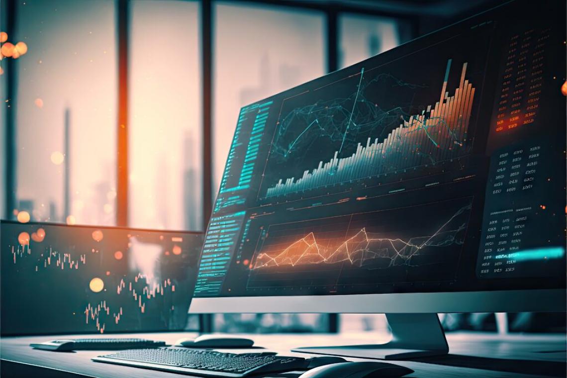 Double exposure of abstract financial graph over modern desktop with pc, business financial and trading concept