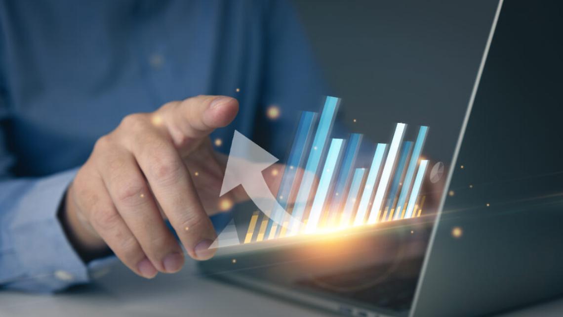 Finance industry to growth, person using laptop for financial, analysis, planning to long-term growth with icon concept.