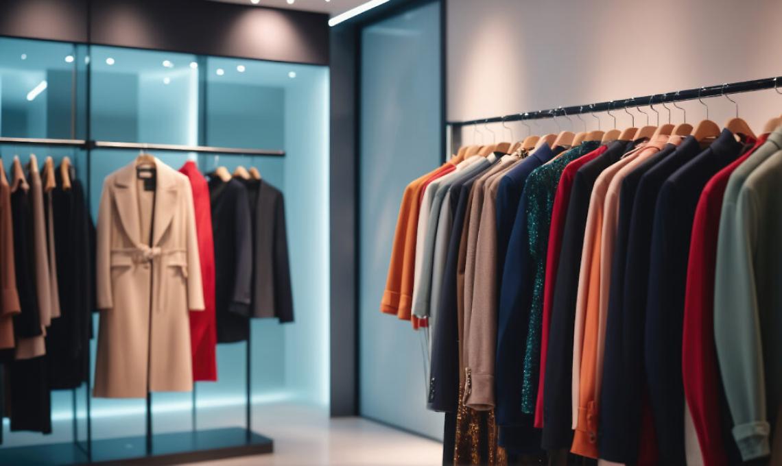 A rack of colorful coats and jackets hangs in a retail store, ready for customers to try on