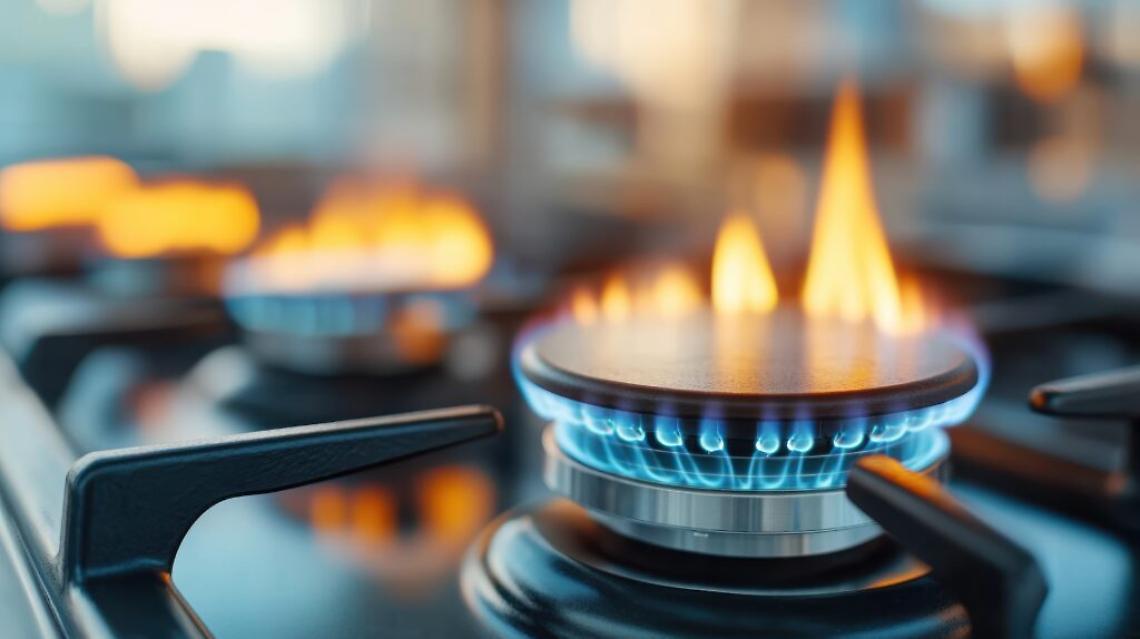 Image of lit gas stove burners with strong orange and blue flames, showing the heating power and efficiency for cooking in a modern kitchen setup