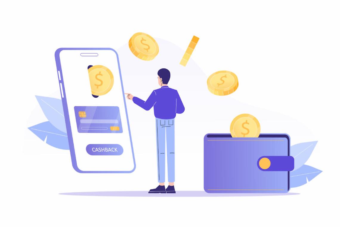 Online cashback concept Young man receiving cashback for a buyer Coins or money transfer from smartphone to e wallet Online banking Saving money Money refund Isolated vector illustration