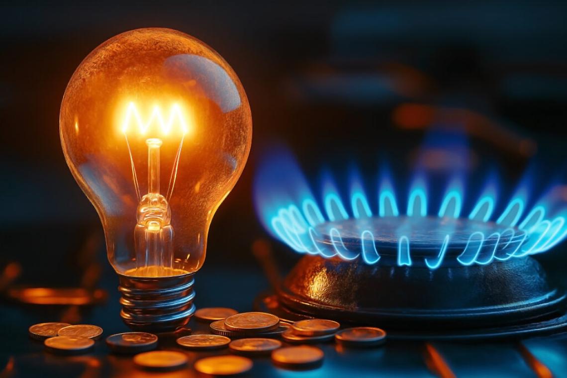 A lit light bulb placed next to a burning blue gas cooker, with coins scattered beside it represents energy and gas costs, symbolizing rising expenses
