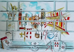 Asti con la saracinesca abbassata nella tela di Marisa Garramone