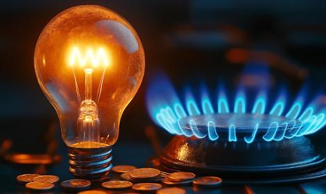 A lit light bulb placed next to a burning blue gas cooker, with coins scattered beside it represents energy and gas costs, symbolizing rising expenses