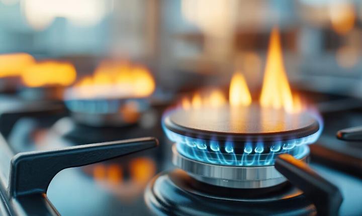 Image of lit gas stove burners with strong orange and blue flames, showing the heating power and efficiency for cooking in a modern kitchen setup