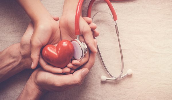 child and adult holding red heart with stethoscope, heart health,  health insurance concept