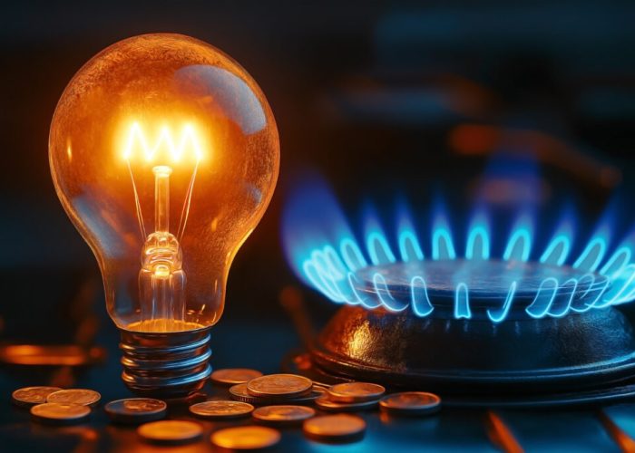A lit light bulb placed next to a burning blue gas cooker, with coins scattered beside it represents energy and gas costs, symbolizing rising expenses