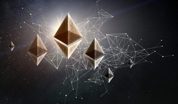 Ethereum symbol and connection lines in outer space