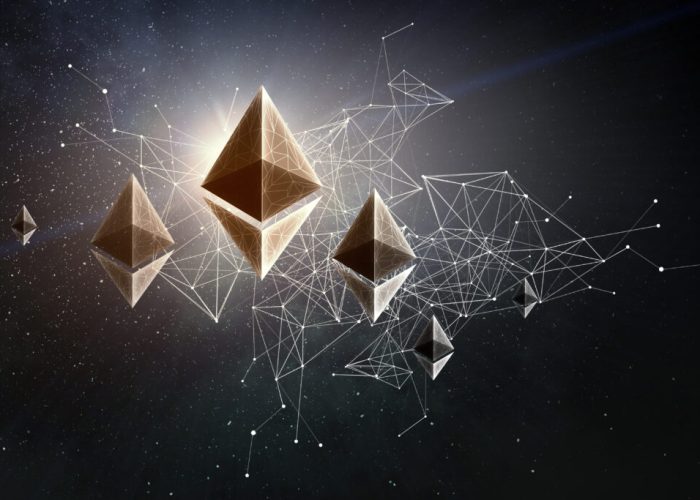 Ethereum symbol and connection lines in outer space