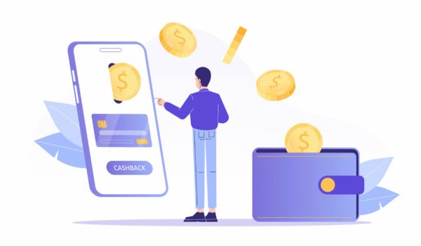 Online cashback concept Young man receiving cashback for a buyer Coins or money transfer from smartphone to e wallet Online banking Saving money Money refund Isolated vector illustration