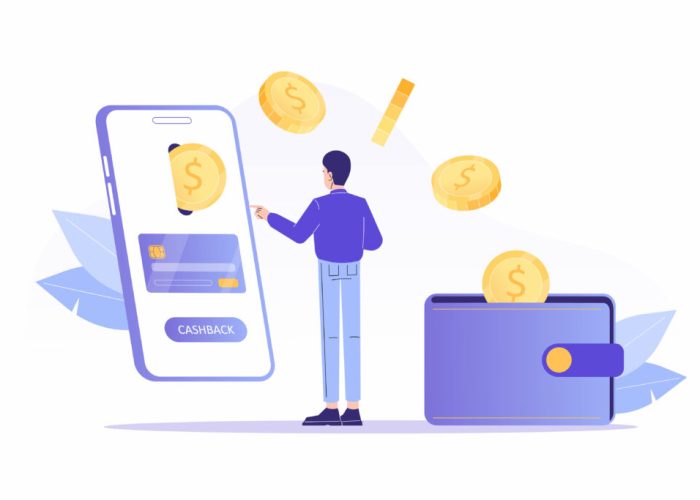 Online cashback concept Young man receiving cashback for a buyer Coins or money transfer from smartphone to e wallet Online banking Saving money Money refund Isolated vector illustration