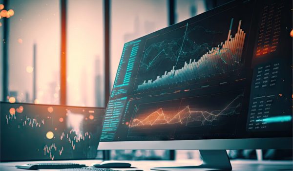 Double exposure of abstract financial graph over modern desktop with pc, business financial and trading concept