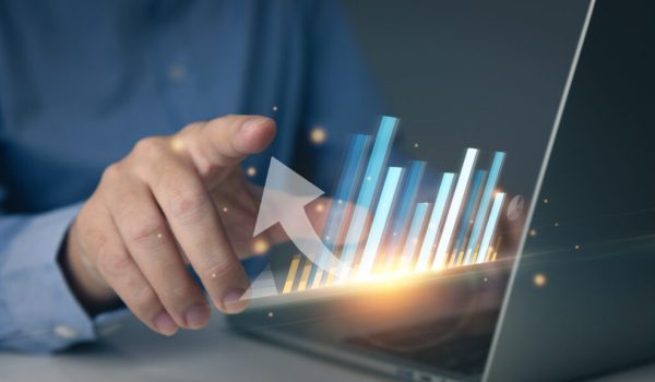 Finance industry to growth, person using laptop for financial, analysis, planning to long-term growth with icon concept.
