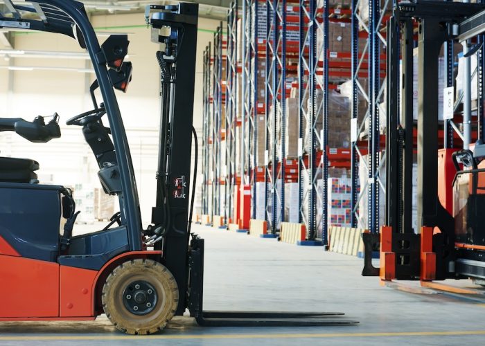 forklift loader stacker truck at warehouse