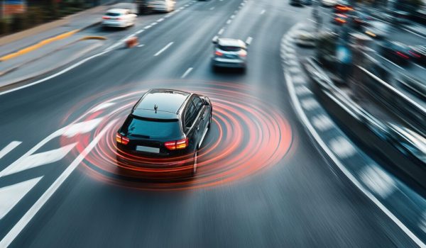 A modern car braking automatically to avoid a collision, with the driver alerted by an advanced warning system