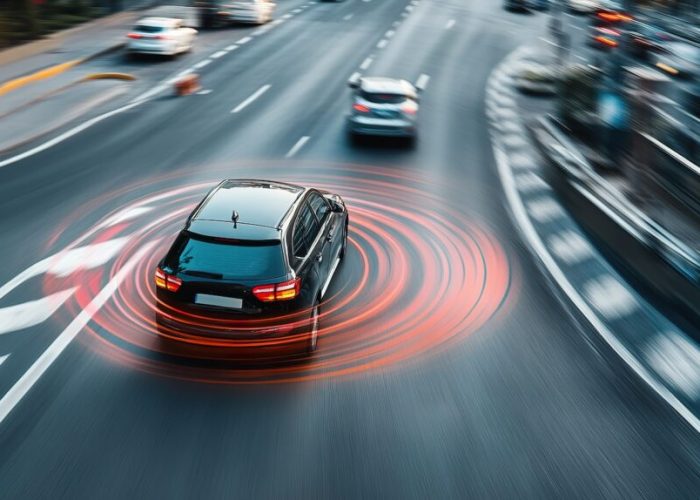 A modern car braking automatically to avoid a collision, with the driver alerted by an advanced warning system