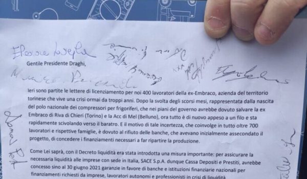 Lettera lavoratori ex Embraco a Mario Draghi