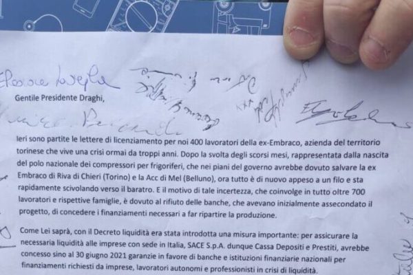 Lettera lavoratori ex Embraco a Mario Draghi