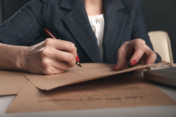 Closeup view of woman attorney writing on documents by pen