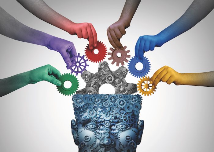 Team training and business learning as a teamwork brainstorm concept or brainstorming idea with 3D illustration elements.