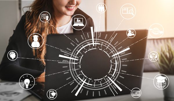 E-learning and Online Education for Student and University Concept. Graphic interface showing technology of digital training course for people to do remote learning from anywhere.