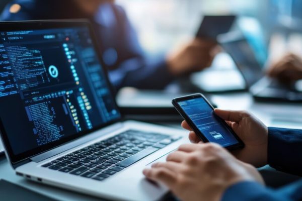 Police officers utilizing digital forensics tools for cyber security investigation