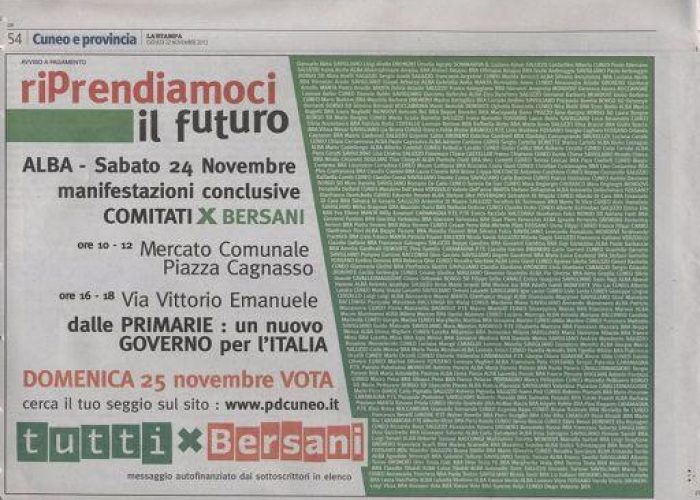 Primarie cs/ Renzi: Comitato Bersani compra pagine pubblicità