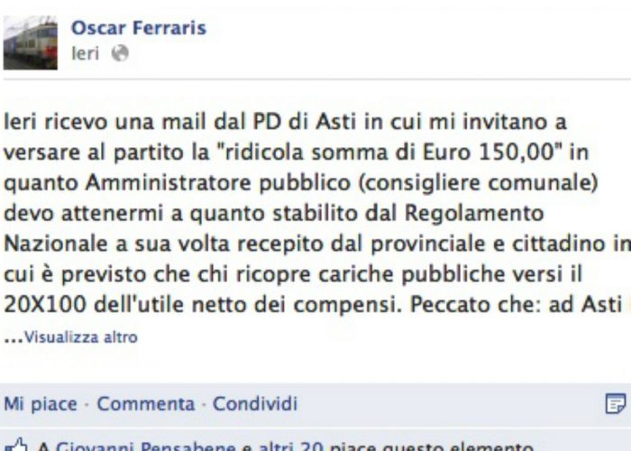 "Non li do 150 euro al partito"Nuova polemica sul Pd astigiano