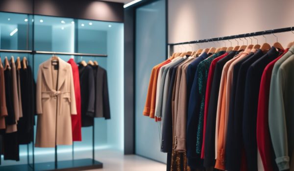 A rack of colorful coats and jackets hangs in a retail store, ready for customers to try on