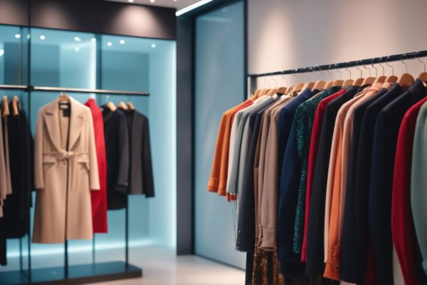 A rack of colorful coats and jackets hangs in a retail store, ready for customers to try on