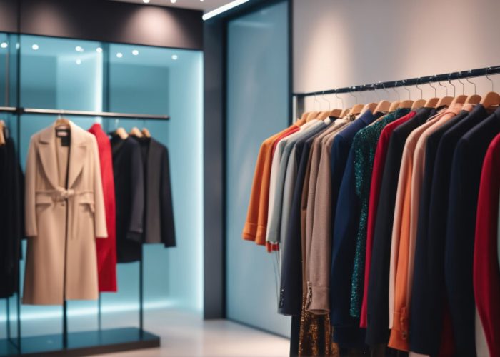 A rack of colorful coats and jackets hangs in a retail store, ready for customers to try on