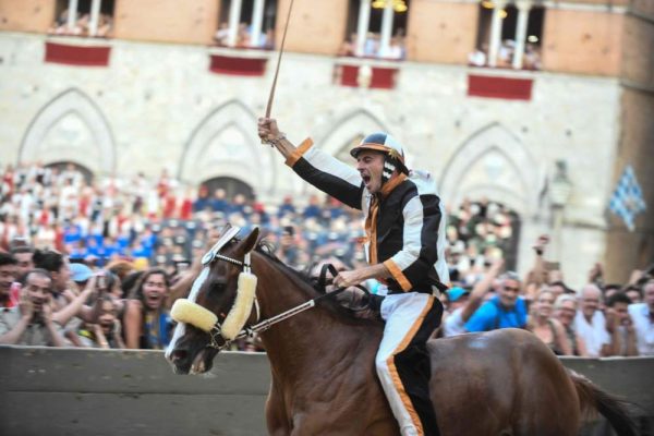 Jockey of the the contrada "Lupa" Giuseppe Zedde, known as "Gingillo", rides his horse Portgo Alabe as they compete and win the historical Italian horse race Palio di Siena , on August 16, 2018, in Siena. (Photo by Carlo BRESSAN / AFP)